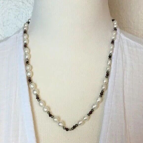 Handmade Baroque Pearl Necklace White Cultured Pearls Toggle Close Red Beads - Picture 3 of 8